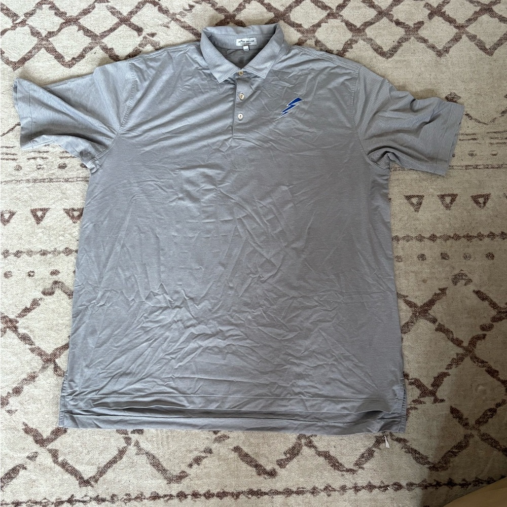Grey stripe Peter Millar short sleeve polo shirt. With blue bolt 2xl